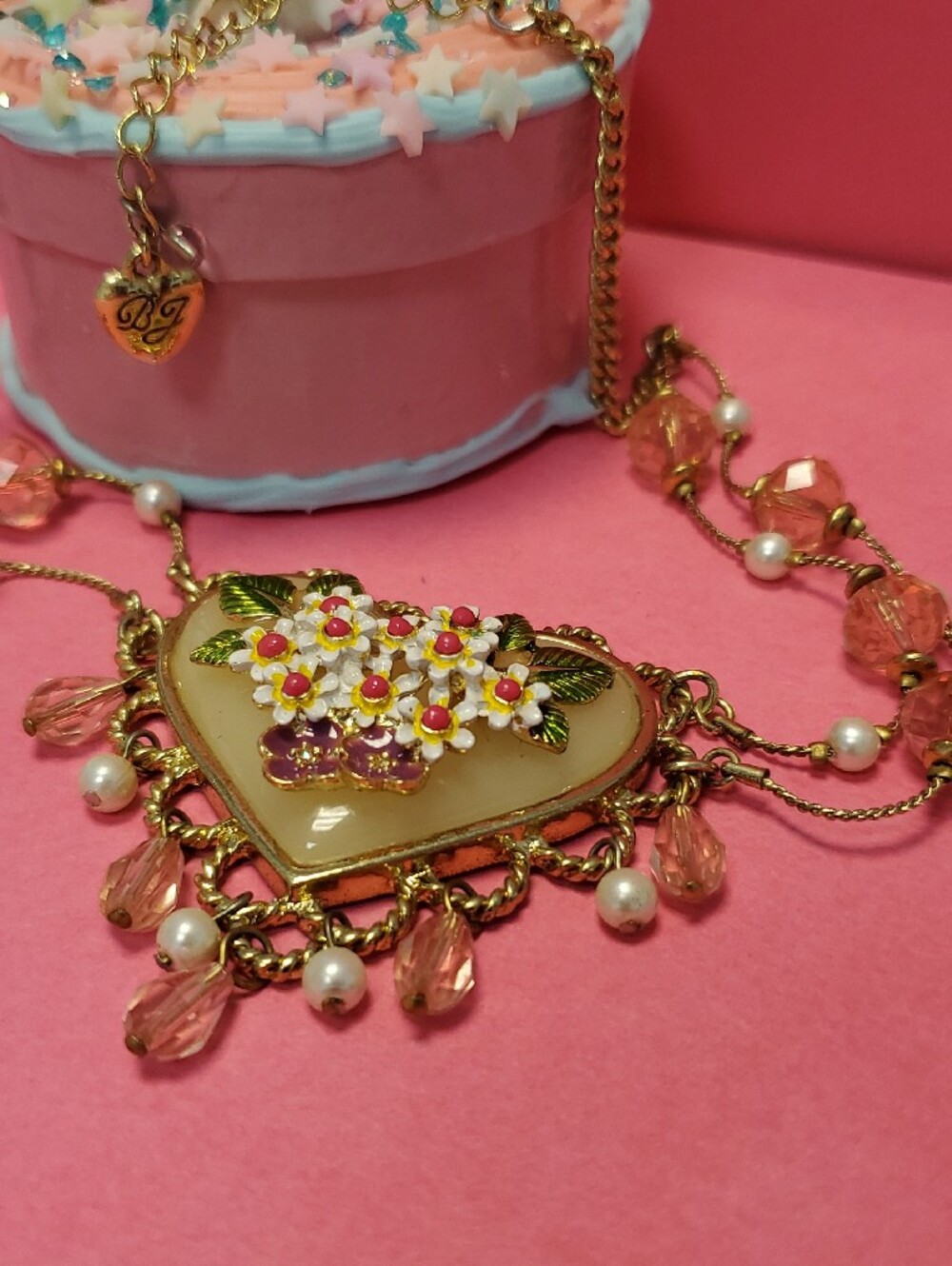 Betsey Johnson Gold Heart Necklace with Pink Beads and Pearl Accents - Picture 2 of 6